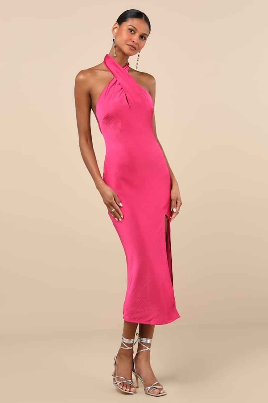 NWT Lulus Beyond Classy Pink Satin Halter Midi Dress Holiday Party Backless Sz L